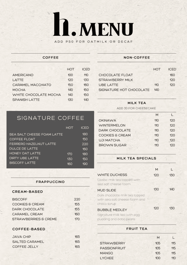 H.aileys Cafe full menu